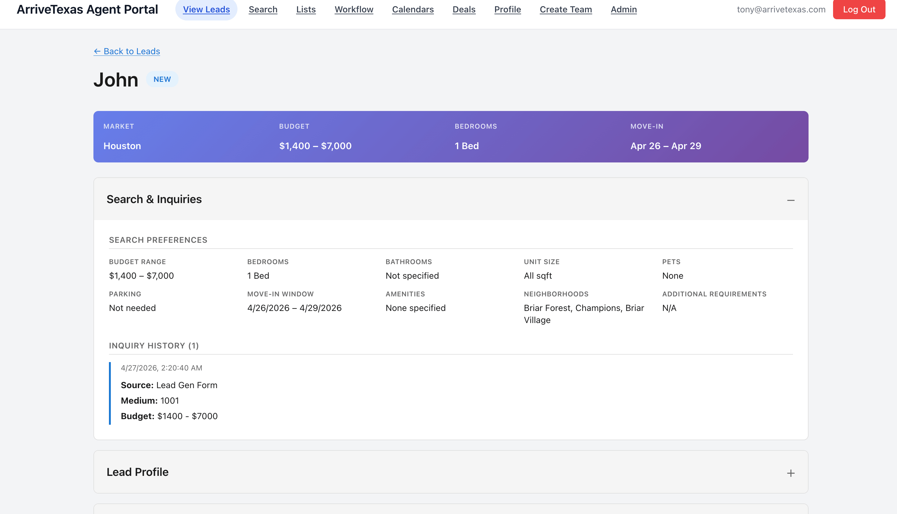 Agent portal lead profile detail