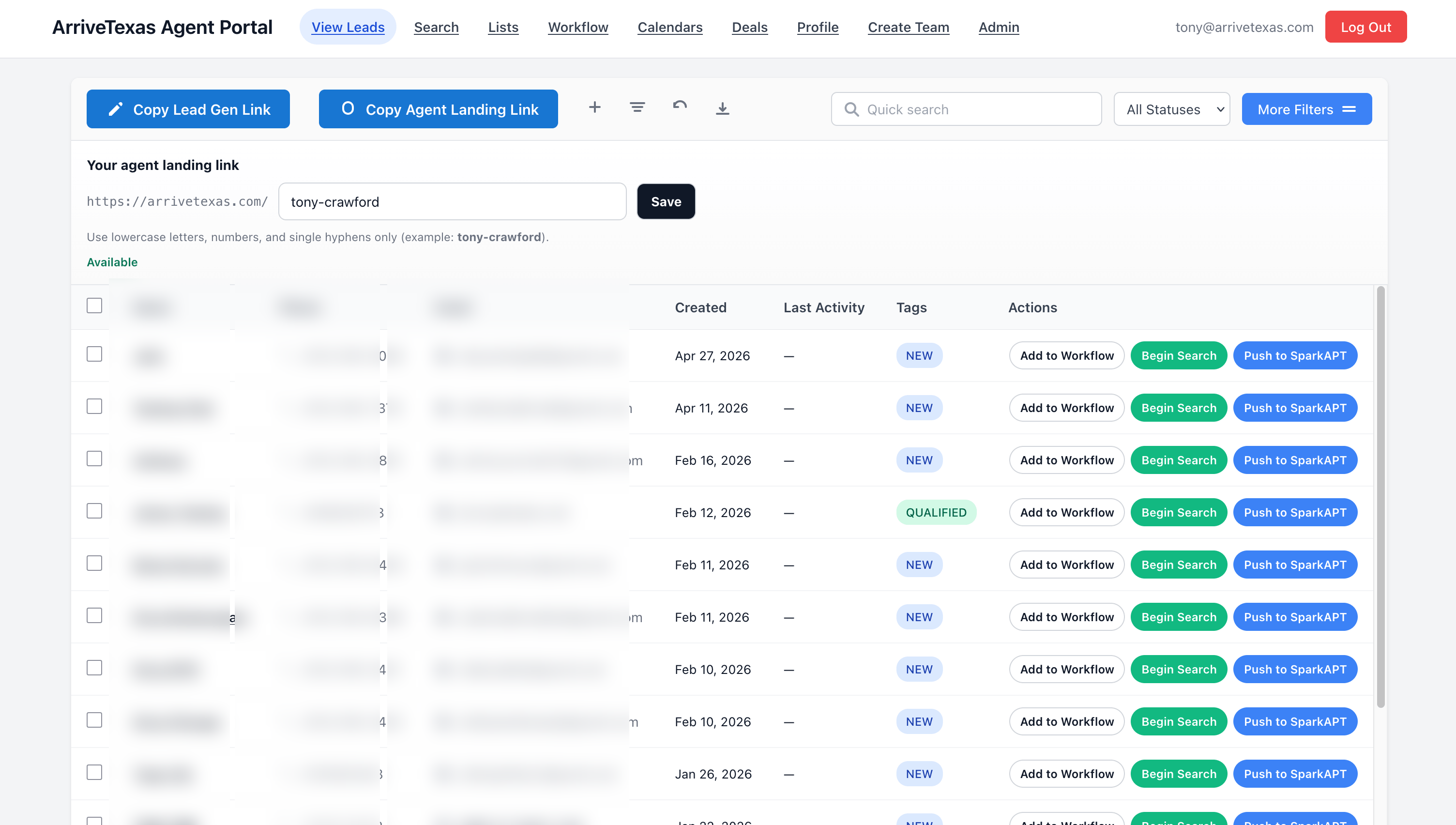 Agent portal leads dashboard