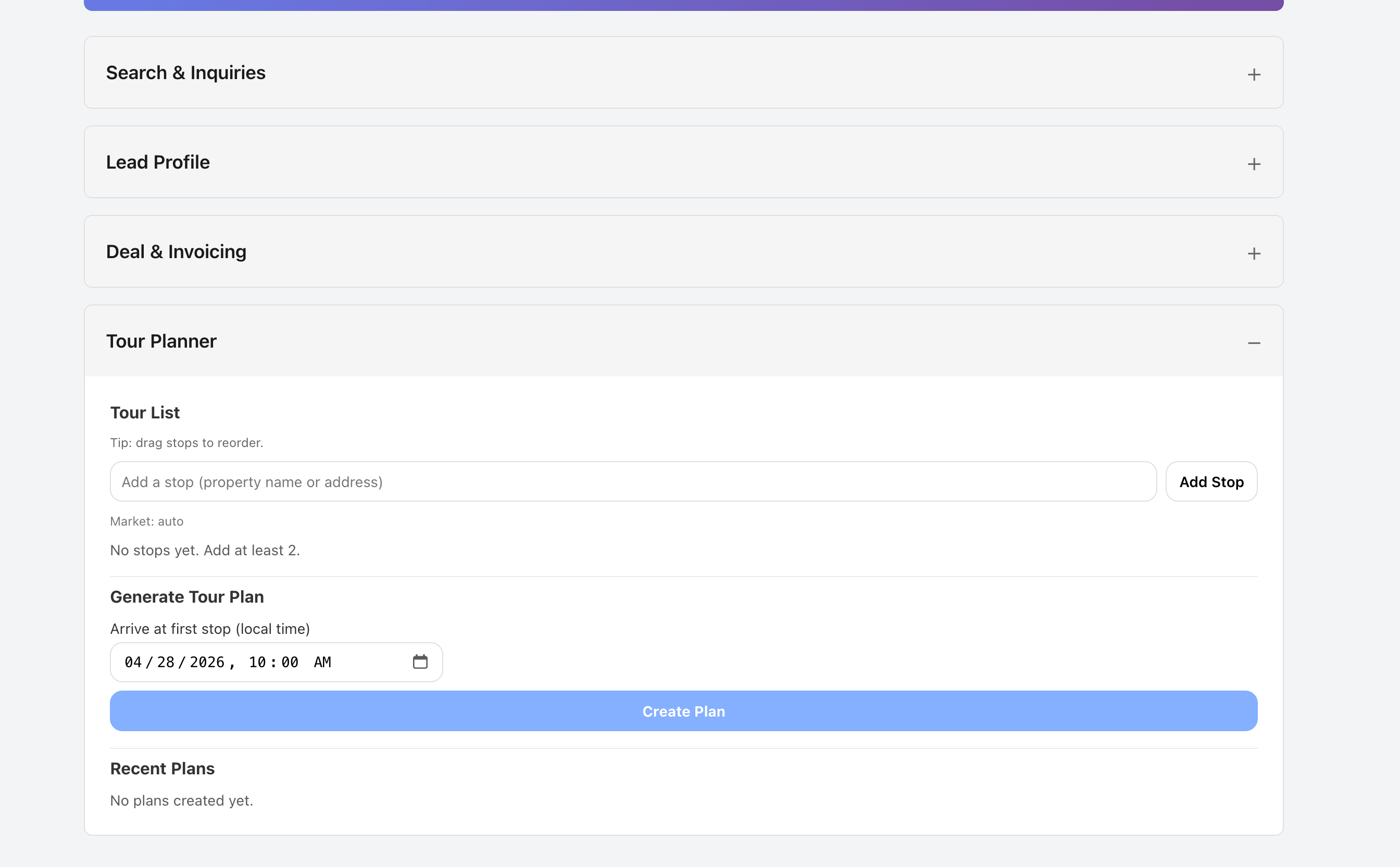 Tour builder before stops are added