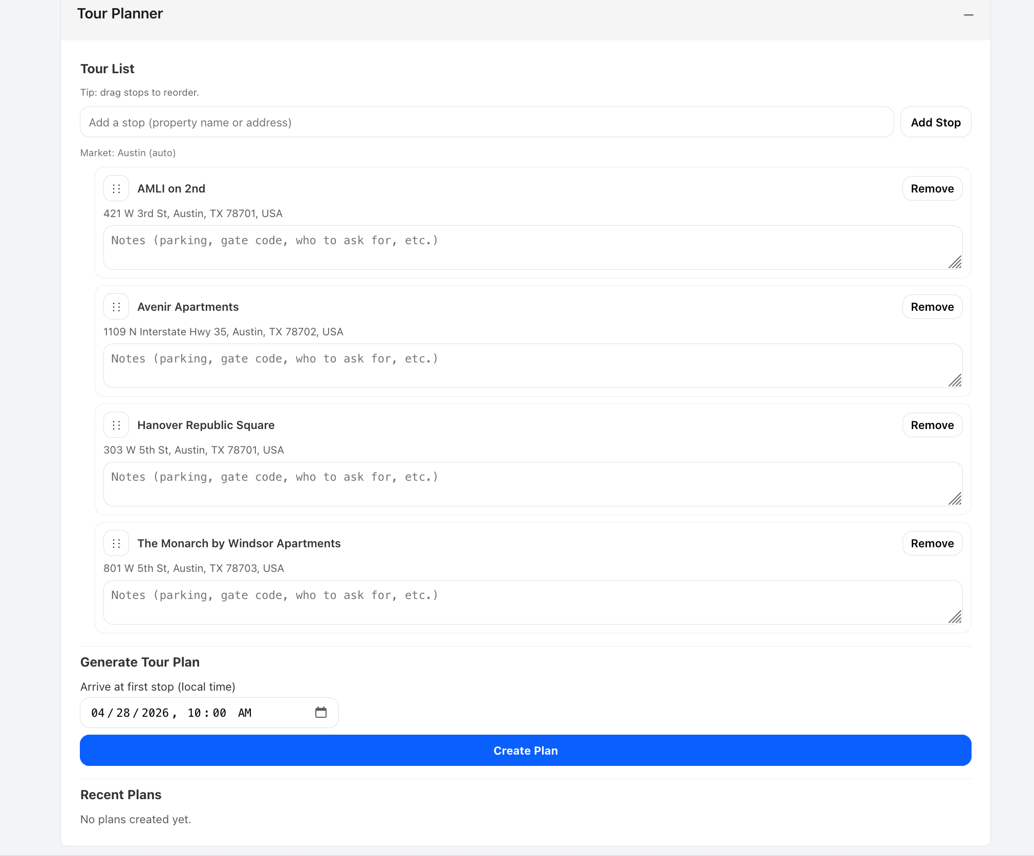 Tour builder with stops added